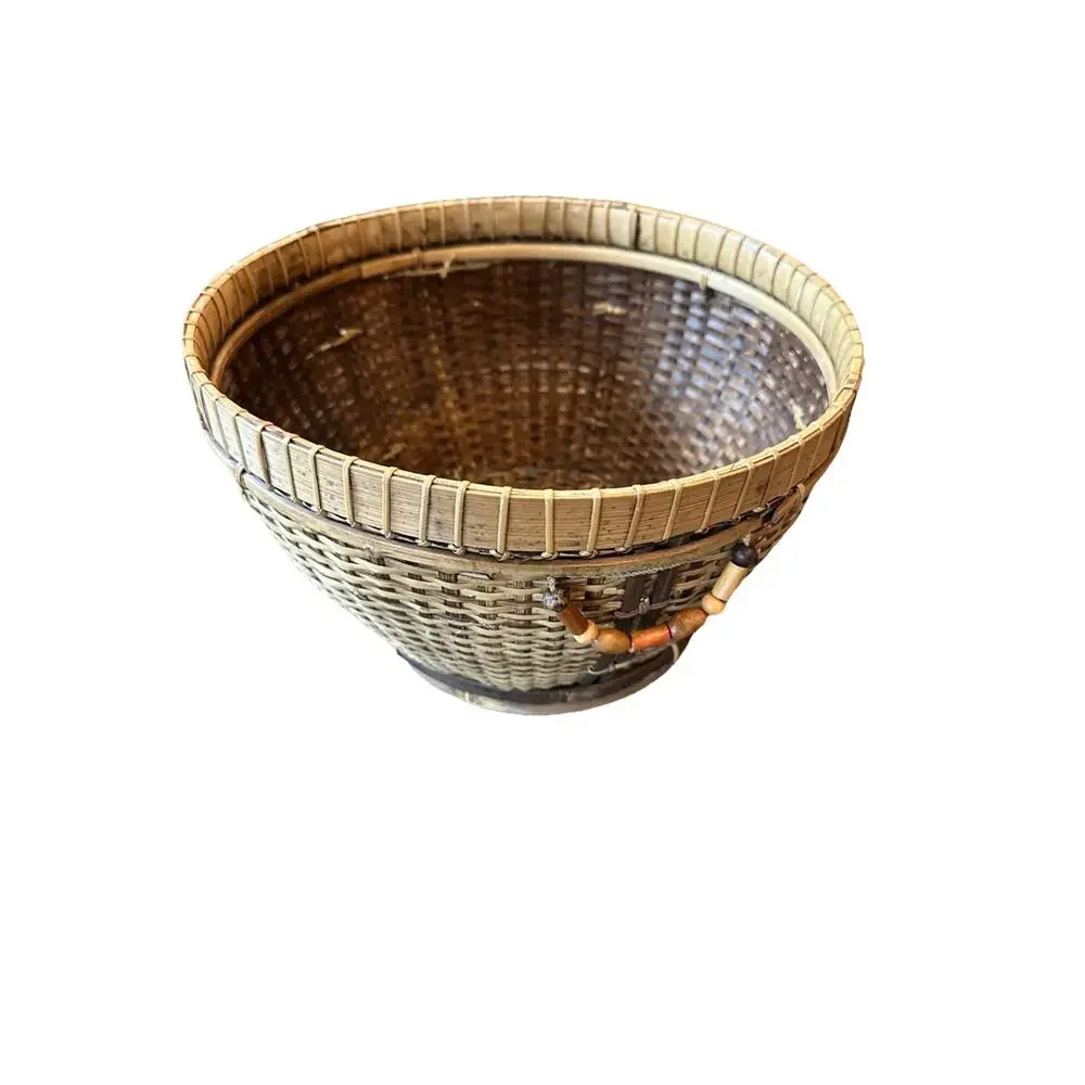 Round Vintage Southeast Asian Handwoven Bamboo Basket 12” X 7” With Handles